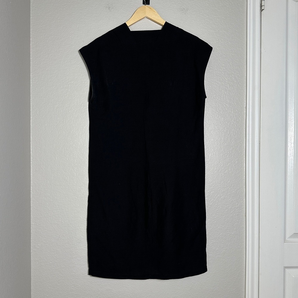 Eve Gravel Byblos Shift Dress Black Linen Blend Small V-Neck Pockets Minimalist - Picture 4 of 13